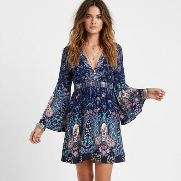 NWT Flying Tomato Dress Womens M Blue Boho Floral Bell Sleeve V-Neck Hippie 70s - Picture 1 of 6